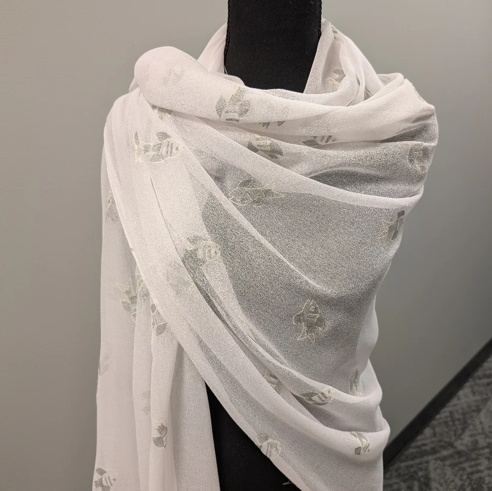 Aremar White Fish Print Scarf Tassel Trim Sheer Novelty Coastal